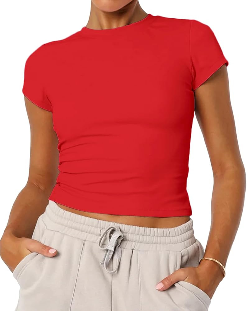Women's Basic Summer Short Sleeve Crewneck T-Shirts Y2K Cute Going Out Tops Baby Tee | Amazon (US)