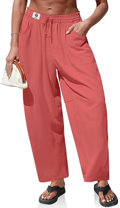 TARSE Womens Linen Barrel Pants Loose Fit Drawstring High Waist Wide Leg Casual Boho Baggy Trouse... | Amazon (US)