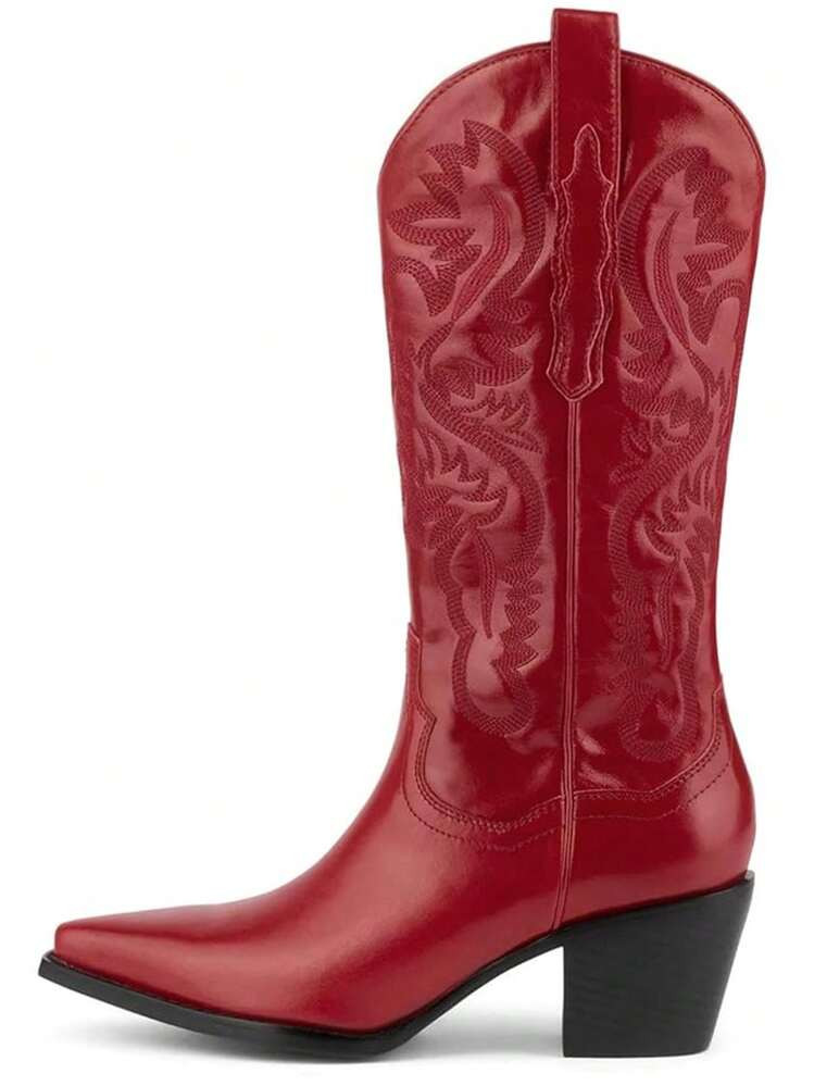 Mid Calf Cowgirl Boots For Women Embroidery Western Boots Pointed Toe Chunky Boots Vintage Pull On Booties | SHEIN