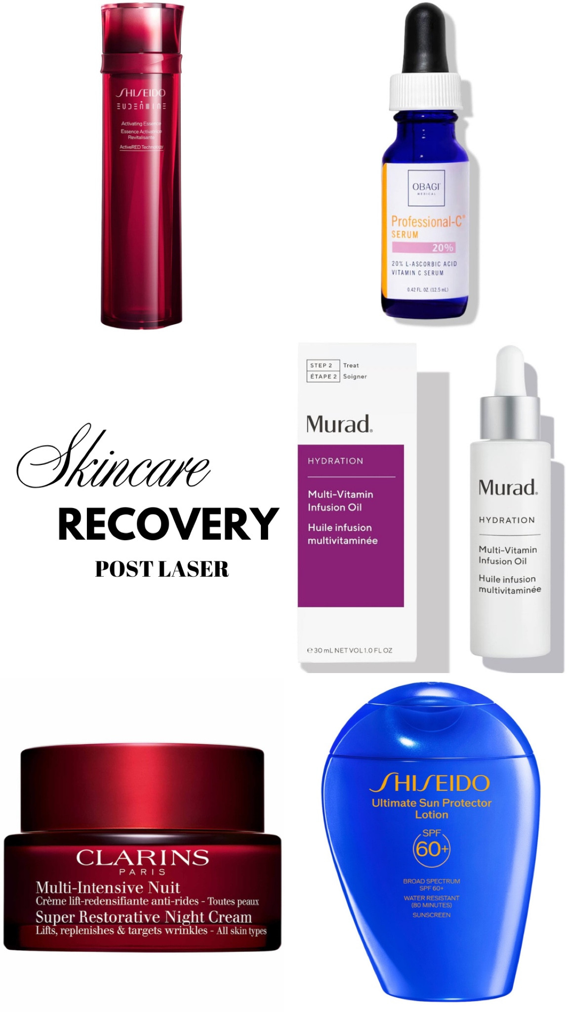 Post care skincare for Laser, clear and brilliant, dermabrasion etc.. 
easy simple skincare to help your skin recover 
Shiseido- Eudermine softener
Obagi- Professional-C serum
Murad- Multi vitamin infusion oil
Clarins- Restorative Cream
Shiseido- Sunscreen 60+

#LTKStyleTip #LTKOver40 #LTKBeauty