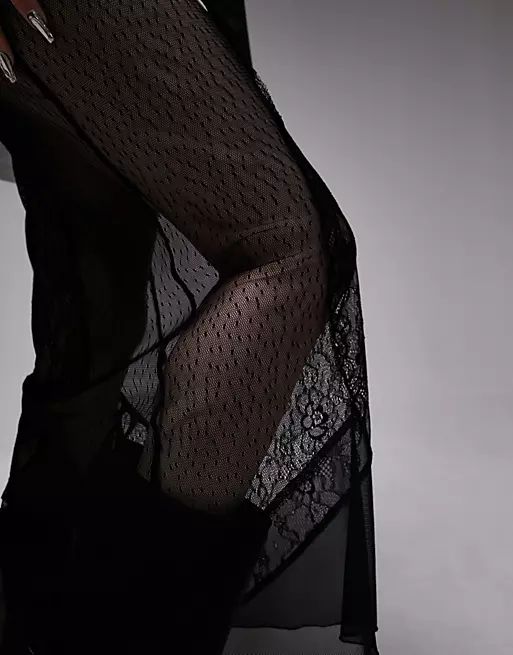 Topshop Petite lace and texture sheer mesh maxi skirt in black | ASOS (Global)