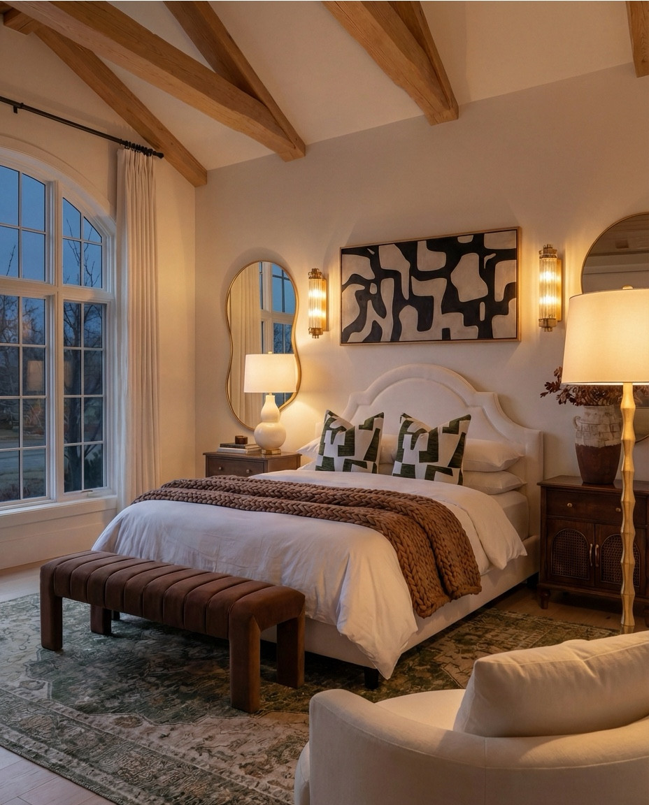 Shop the Look:
• White upholstered arched headboard bed
• White cotton duvet cover + pillow shams
• Green vintage-style area rug (distressed pattern)
• Brown chunky knit throw blanket
• Dark wood nightstands with cane doors
• White ceramic table lamp (round base)
• Brass wall sconces with glass shades
• Organic shape gold wall mirrors
• Black and beige abstract framed wall art
• Green geometric throw pillows
• Upholstered brown bench (channel tufted)
• Dark wood dresser with brass pulls
• Round ivory accent chair
• Cream throw blanket (soft knit texture)
• Tall brass floor lamp with white shade
• Decorative book stack (neutral tones)
• Small wood decorative box
• Brass round tray
• White pedestal decorative bowl
• Marble candle holders with brass rings
• Taper candles (ivory)
• Large ceramic vase with dried stems

#LTKHome #LTKSaleAlert