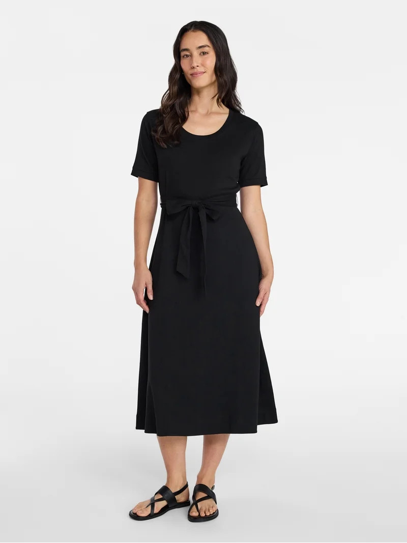 Time and Tru Women's Cotton Tie Front Midi Dress with Short Sleeves, Sizes XS-XXXL | Walmart (US)