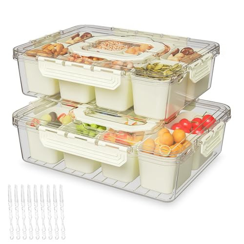 REBECAT Divided Serving Tray with Lid and Handles 8 Compartments Snack Box Container Charcuterie Organizer Snackle Box Container for Candy,Nuts，Fruits,Snacks,2 Pack,Beige | Amazon (US)
