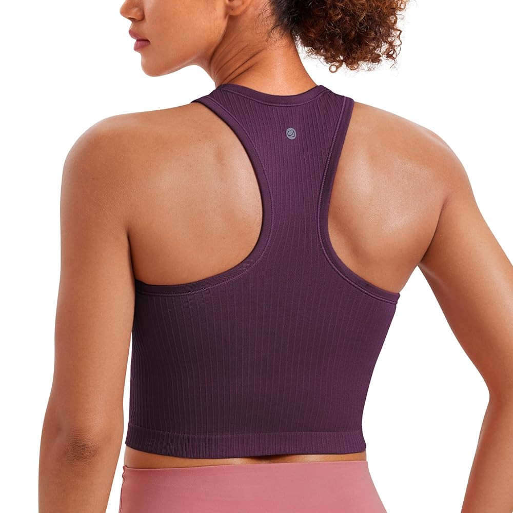 CRZ YOGA Womens Seamless Ribbed Longline High Neck Sports Bra - Racerback Padded Slim Fit Crop Ta... | Amazon (US)