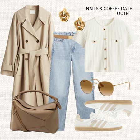 Nails and coffee look 💅🏼 

‼️Don’t forget to tap 🖤 to add this post to your favorites folder below and come back later to shop

Make sure to check out the size reviews/guides to pick the right size

Spring outfit, spring look, trench coat, puzzle bag, perforated ballerinas, cropped jeans, white waistcoat, suit waistcoat, ray-ban sunglasses, leather belt, hoop earrings, 