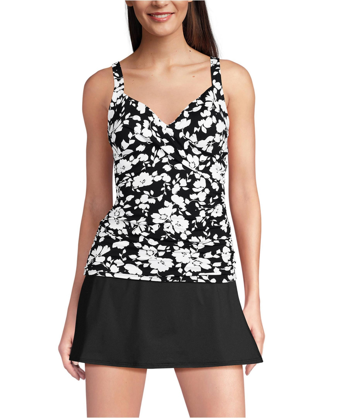 Lands' End Women's V-Neck Wrap Underwire Tankini Swimsuit Top - Black blossom floral | Macy's