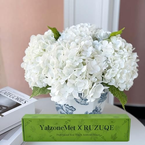 YalzoneMet RUZUQE 3 Pcs 21 inches White Artificial Hydrangea Flower Natural Lifelike Real Touch F... | Amazon (US)