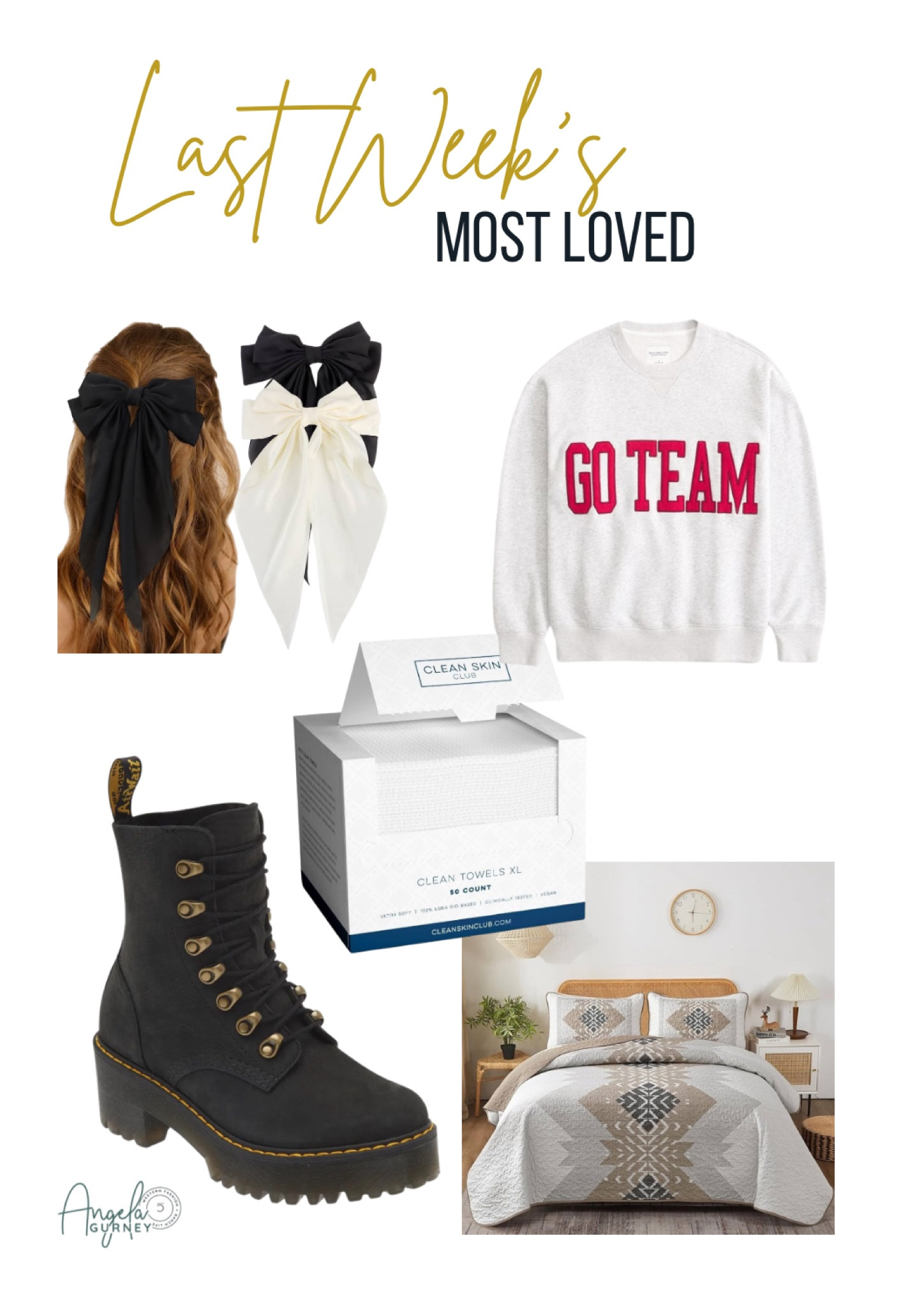 Last week’s top products 

Football game day sweater
Big ribbon hair bows
Dr. Martens combat boots
Western style bedding 
Face cleansing cloths 
Amazon finds

#LTKFindsUnder100 #LTKBeauty #LTKWorkwear