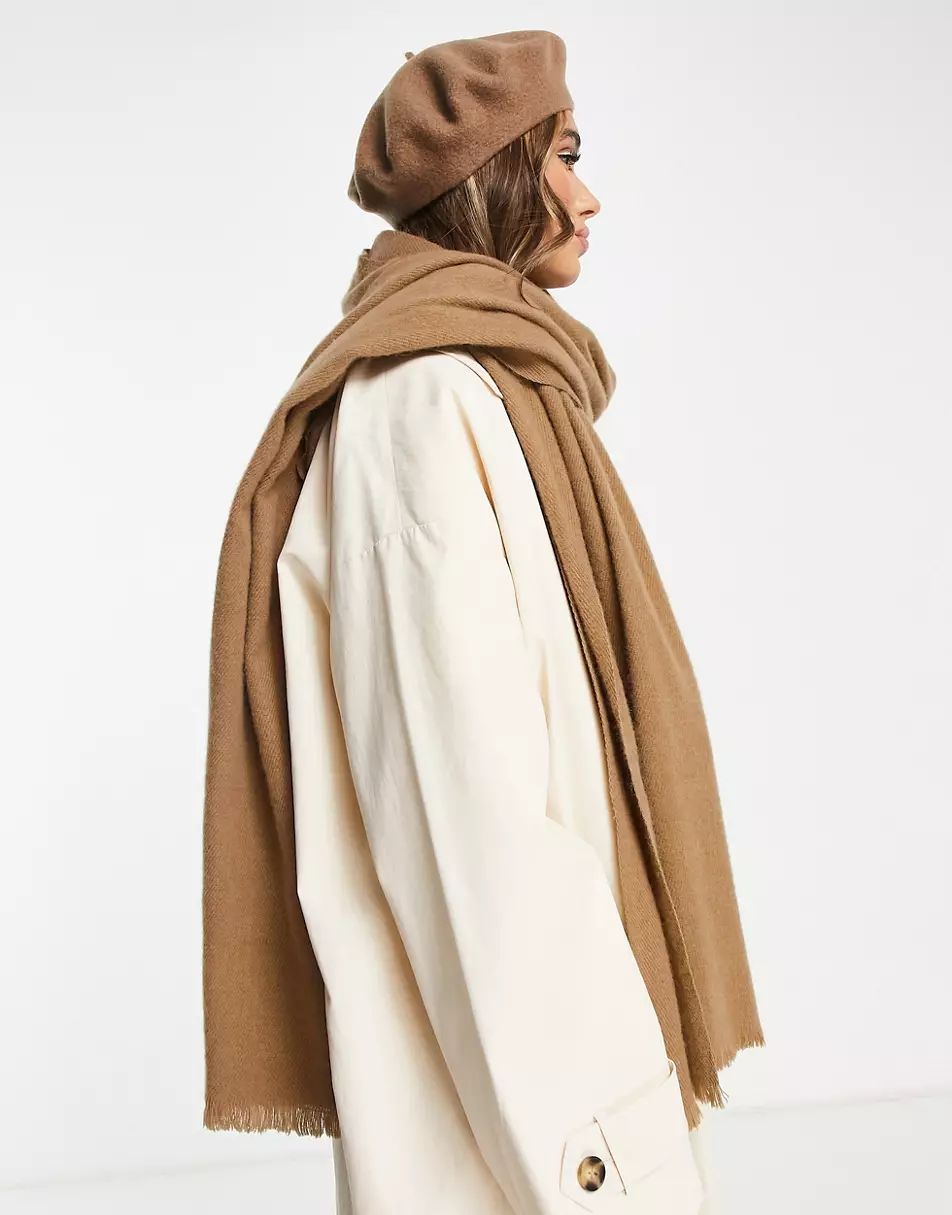 ASOS DESIGN raw edge scarf in camel | ASOS (Global)