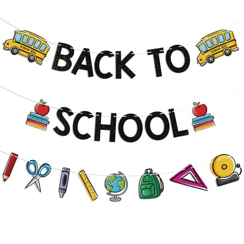 Back to School Banner - First Day of School Classroom Decor, Apples Pencil Garland Happy First Day of School Banner for Kindergarten Preschool Party Classroom Bulletin Board Decorations Black Glitter | Amazon (US)