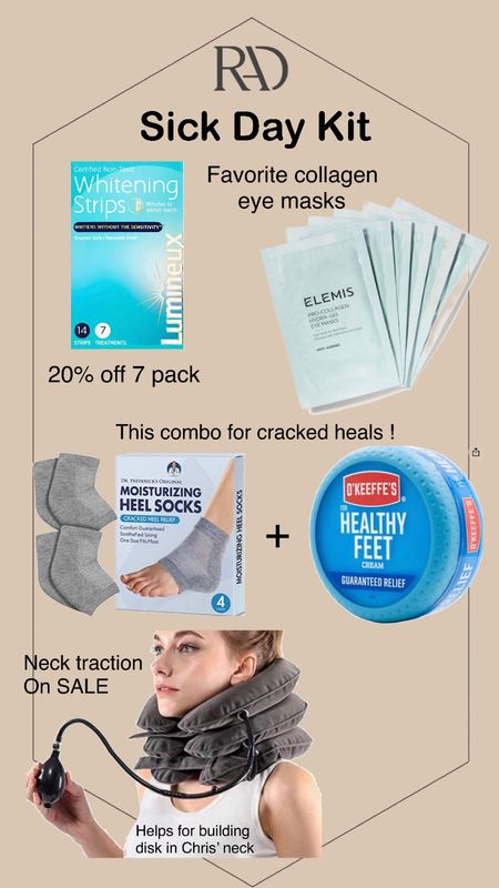 Home sick or January blues kit 
Favorite collagen promoting eye masks- read reviews if you don’t believe me . 
Non toxic teeth whitening strips that don’t hurt your teeth on sale 20% off.
Cracked heal combo- get both! It works.
Neck traction device for hubbys building down in his neck. 
Amazon finds 