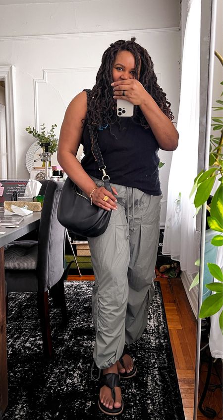 OOTD Midsize Summer Outfit. I adore these parachute pants from Anthropologie. They're so soft and comfortable, it's like wearing nothing at all. 

Casual Summer Style, summer outfits, black leather sandals, crossbody bag #under100 

#LTKcurves #LTKSeasonal #LTKstyletip
