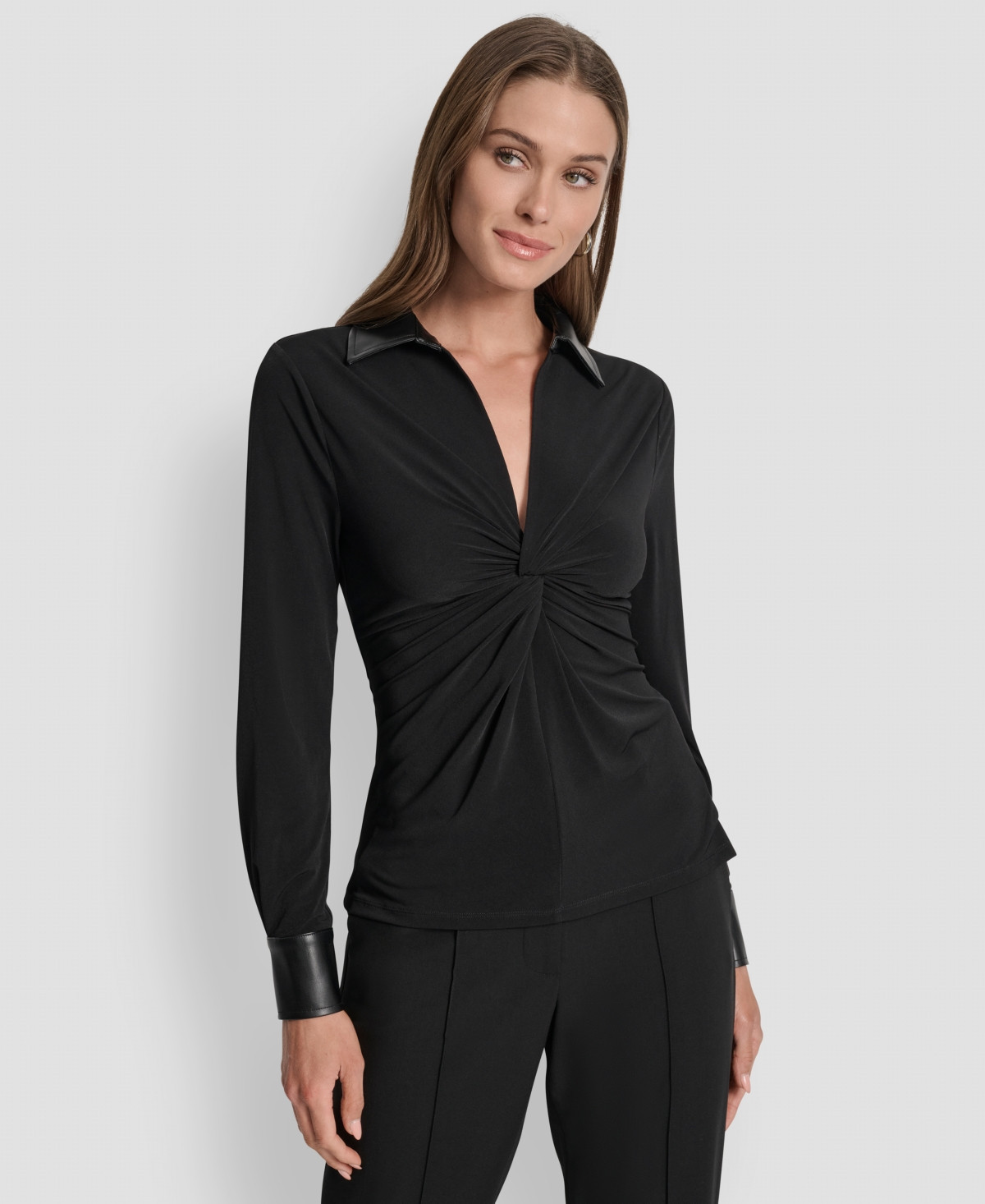 Dkny Women's Twist-Front Contrast-Trim Top - Black | Macy's