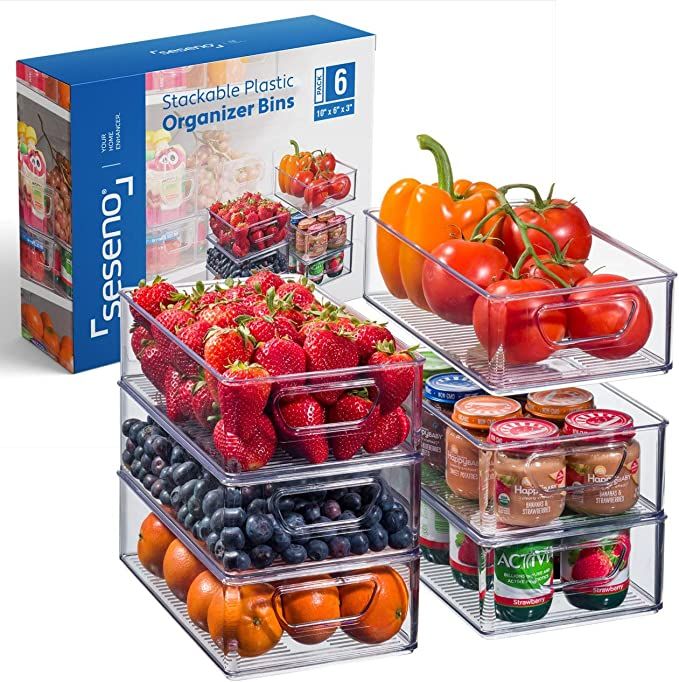 Set Of 6 Refrigerator Organizer Bins - Stackable Fridge Organizers with Cutout Handles for Freeze... | Amazon (US)