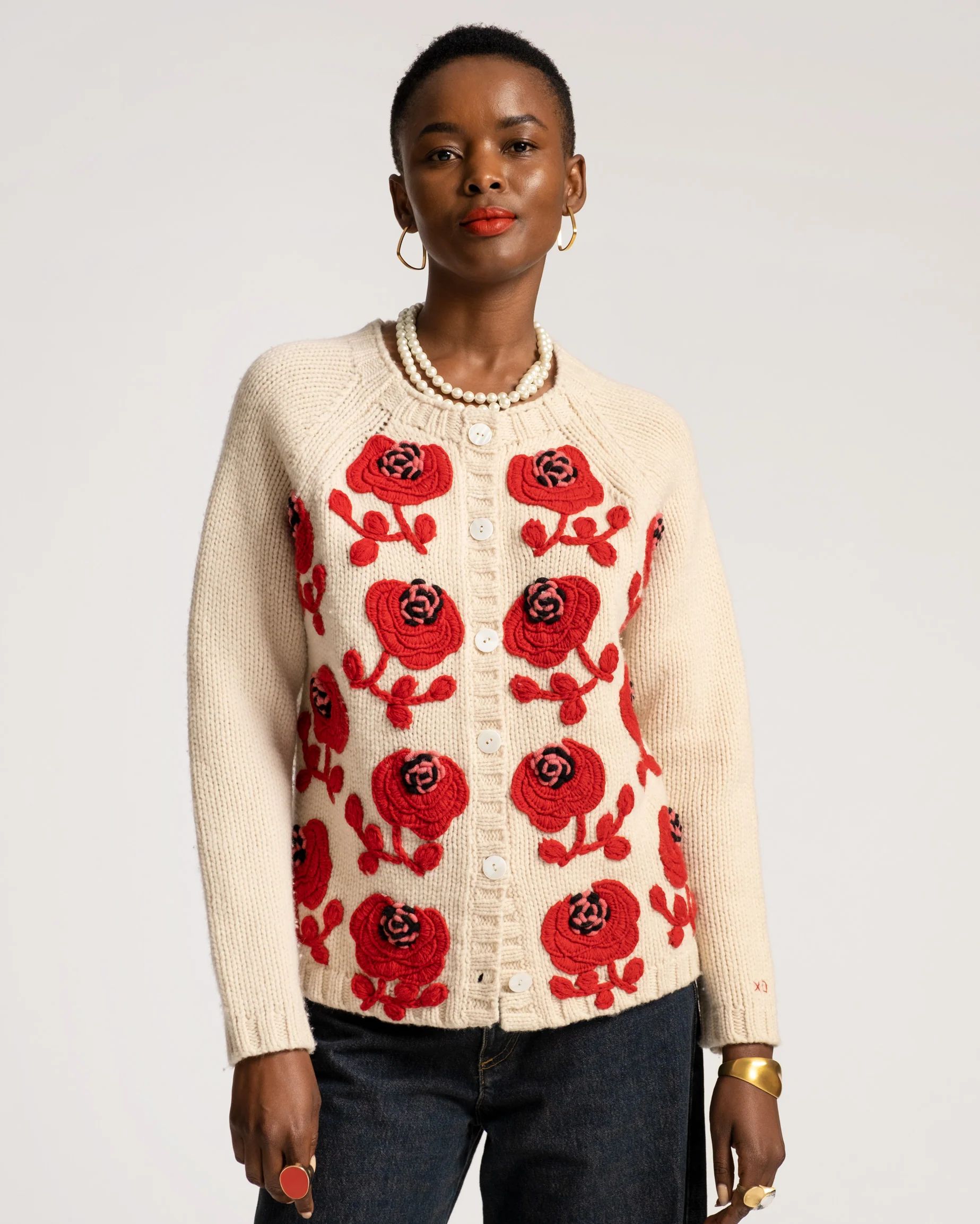 Lucky Cardigan Wool Natural Red | Frances Valentine