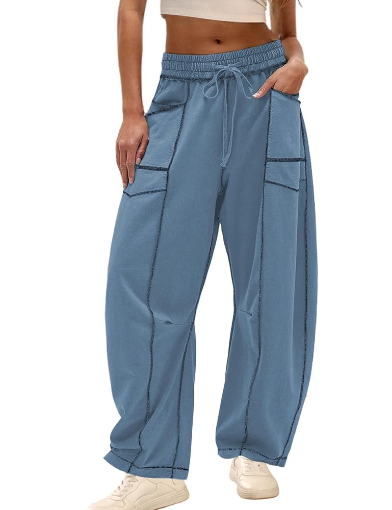Athlisan Womens Baggy Barrel Pants Wide Leg Lounge Drawstring Sweatpants with Pockets | Amazon (US)