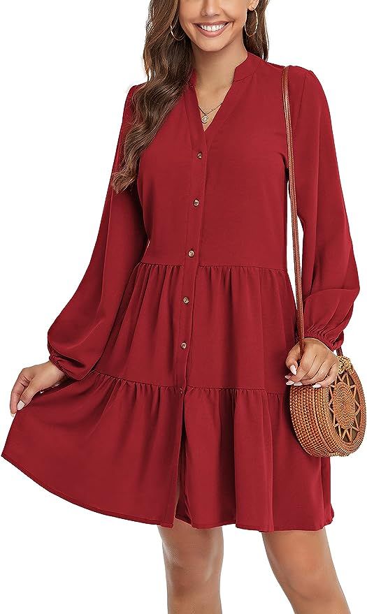 GOORY Women's V Neck Button Down Casual Long Sleeve Tiered Loose Swing Shift Tunic Short Dress | Amazon (US)