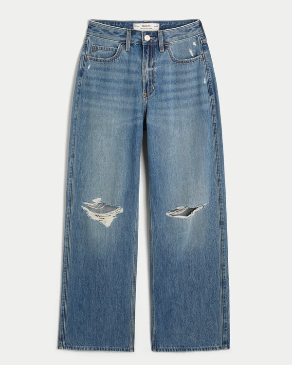 Ultra High-Rise Ripped Medium Wash Baggy Jeans | Hollister (US)