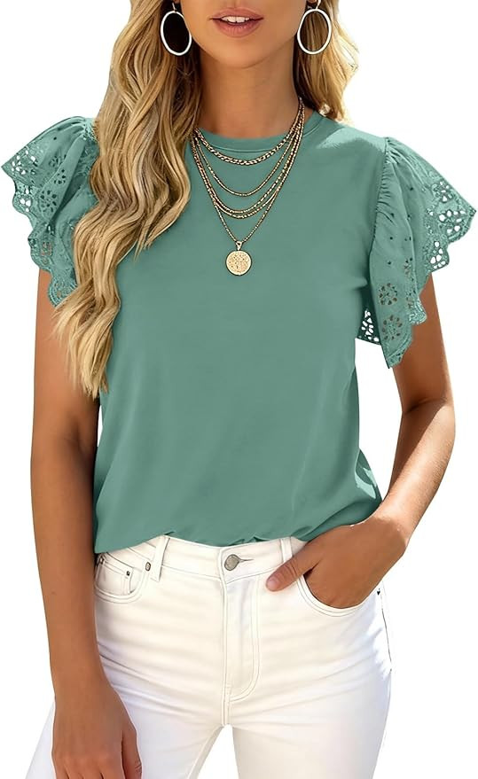 PRETTYGARDEN Womens Tops Dressy Casual Hollow Out Short Sleeve Summer Basic Tees 2026 Crewneck T ... | Amazon (US)