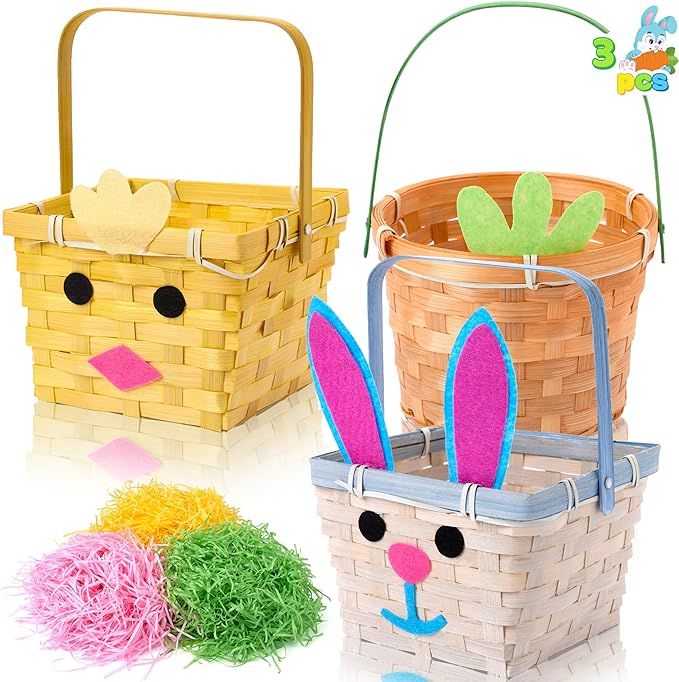 JOYIN 3 Pcs Easter Bamboo Baskets, Bunny Chick Carrot Baskets with Folding Handle & 150g Easter R... | Amazon (US)