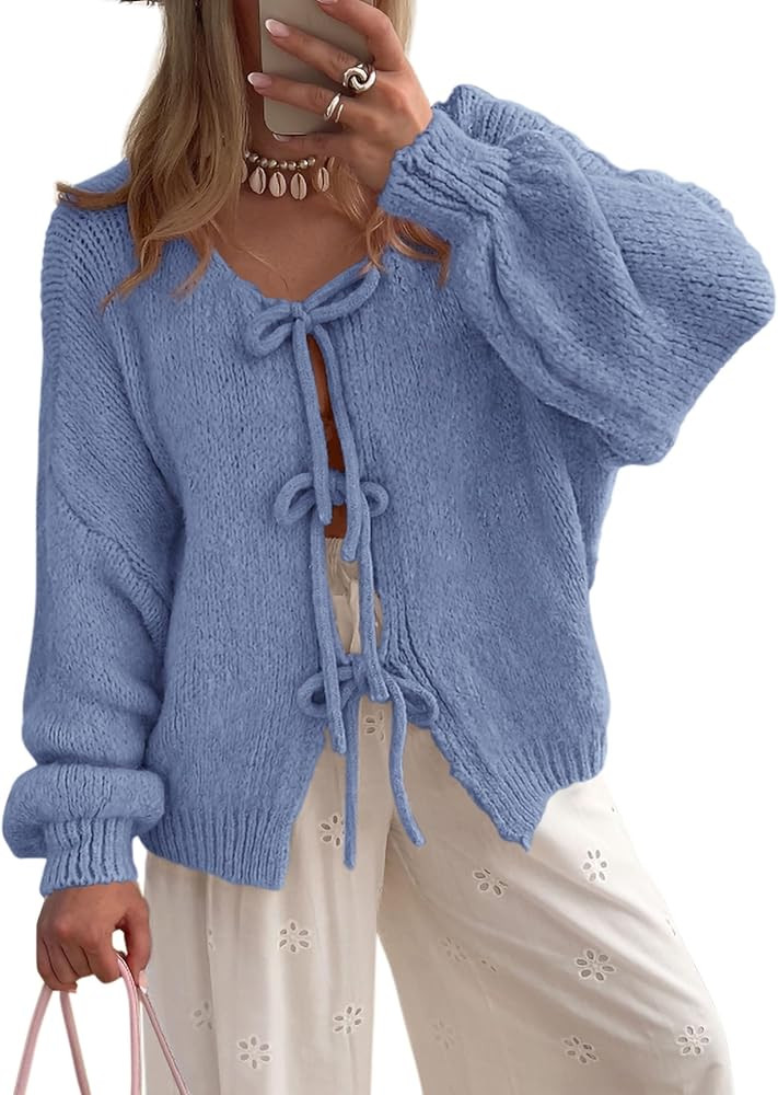 PRETTYGARDEN Women's Tie Front Bow Cardigan Sweaters Chunky Knit Long Puff Sleeve Trendy Fall Win... | Amazon (US)
