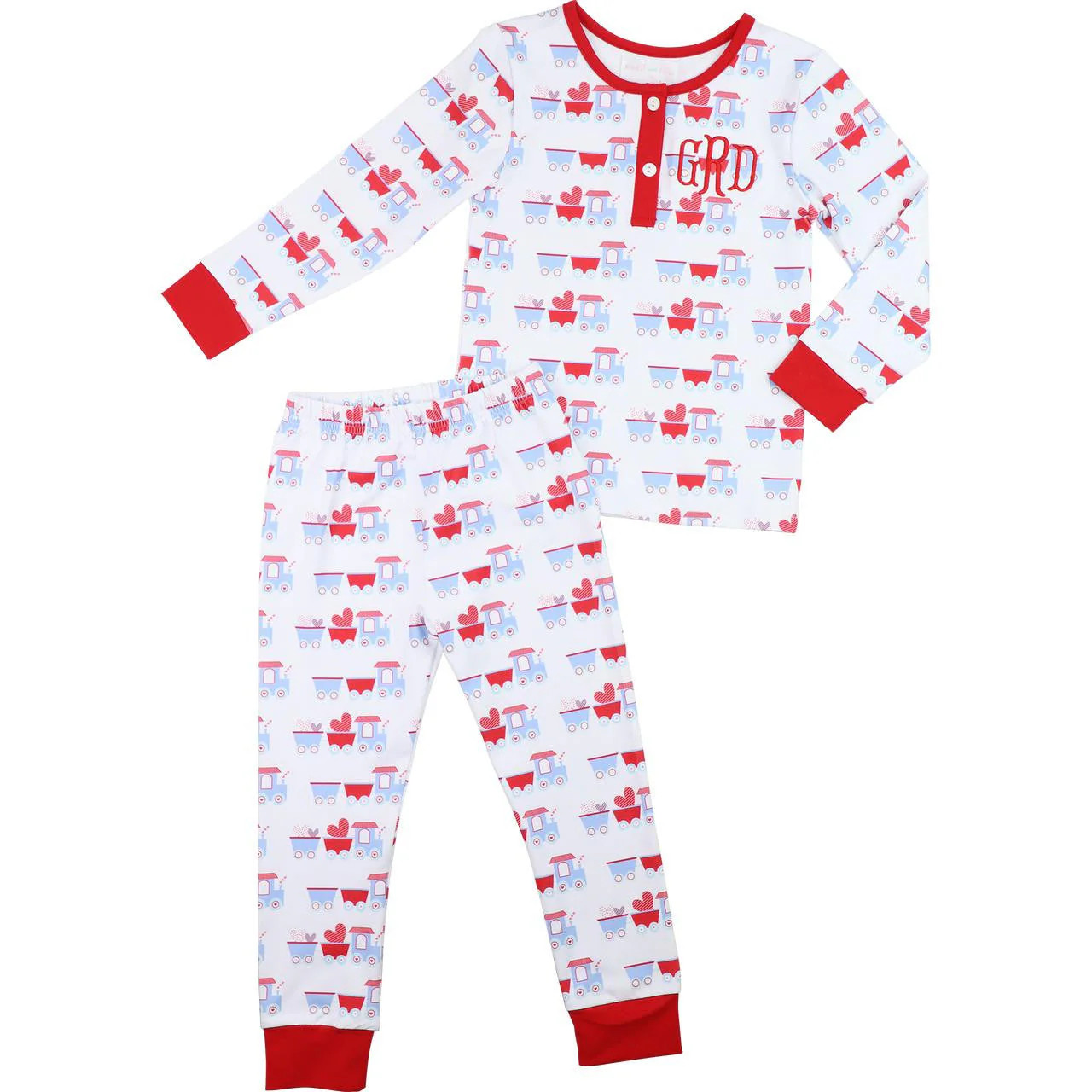 Red And Blue Valentine Train Knit Pajamas | Cecil and Lou