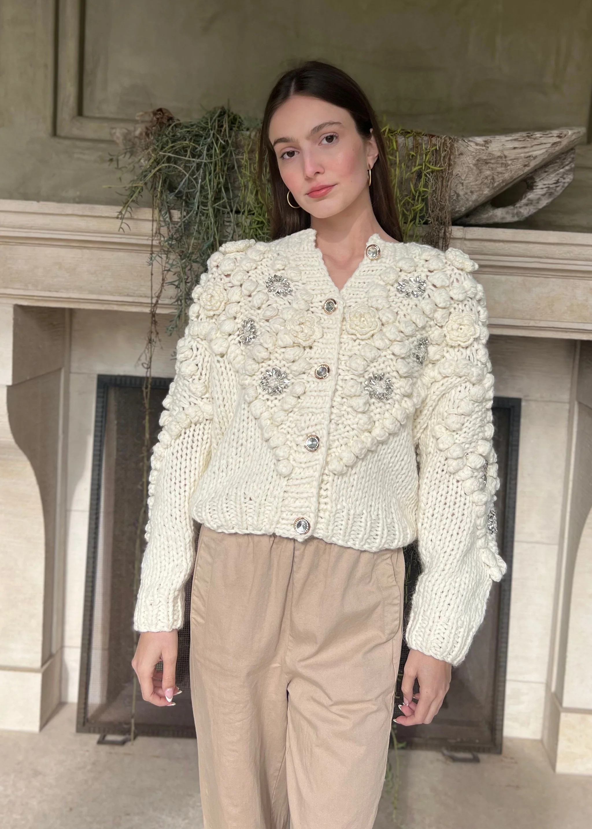 Lucinda Knit Cardigan Top with Floral and Rhinestone Details | Benaar La