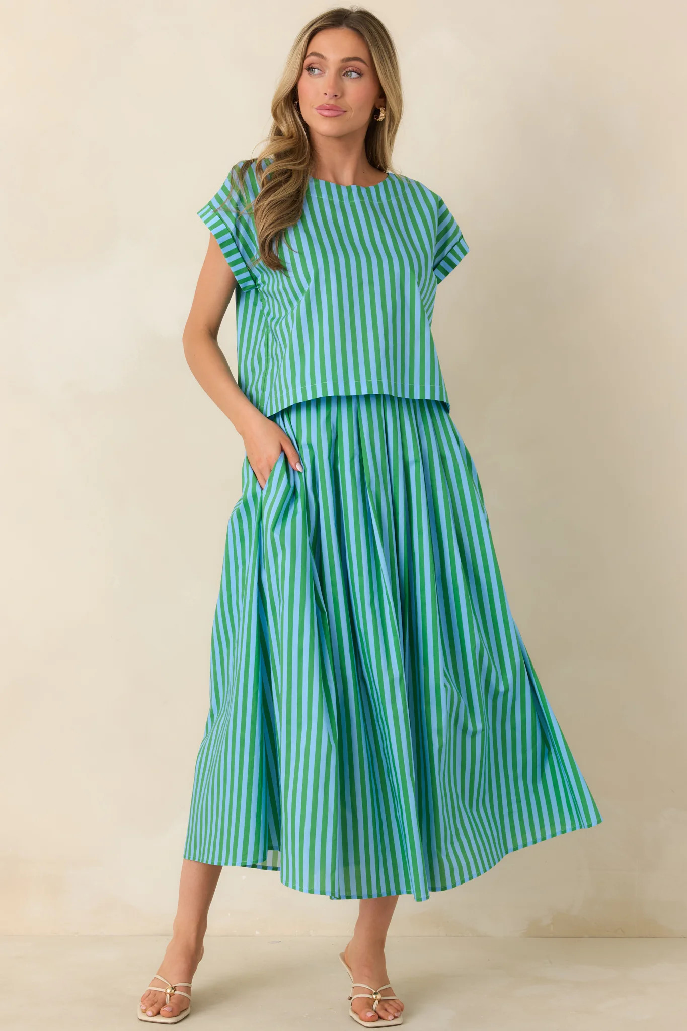 Making Moves Blue & Green Stripe Boxy Cotton Top | Red Dress