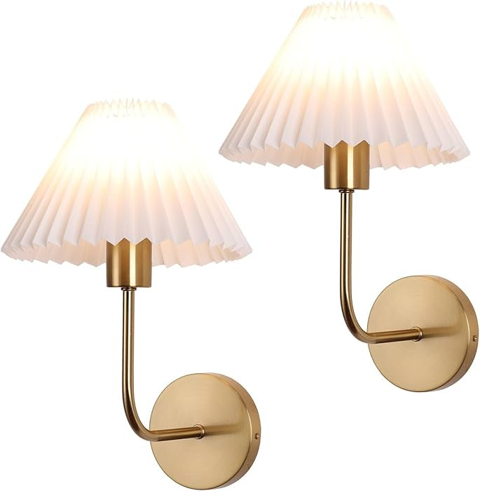 Wall Sconces Sets of 2, White Pleated Fabric lampshade, Brushed Gold Wall Lamp Curved Wall Lighti... | Amazon (US)