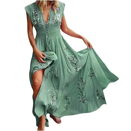 Midi Dresses For Women Summer Sleeveless V Neck Boho Sundresses Casual Beach Vacation Resort Wear A  | Walmart (US)