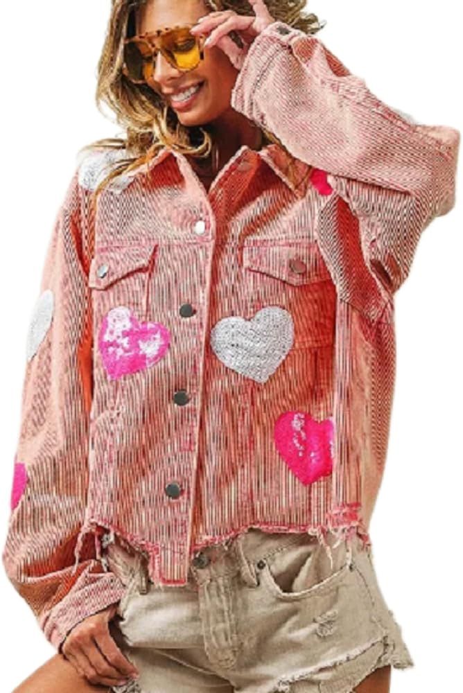NUFIWI Valentine’s Day Heart Sequin Corduroy Cropped Jacket Vintage Raw Edge Buttons Patched Co... | Amazon (US)