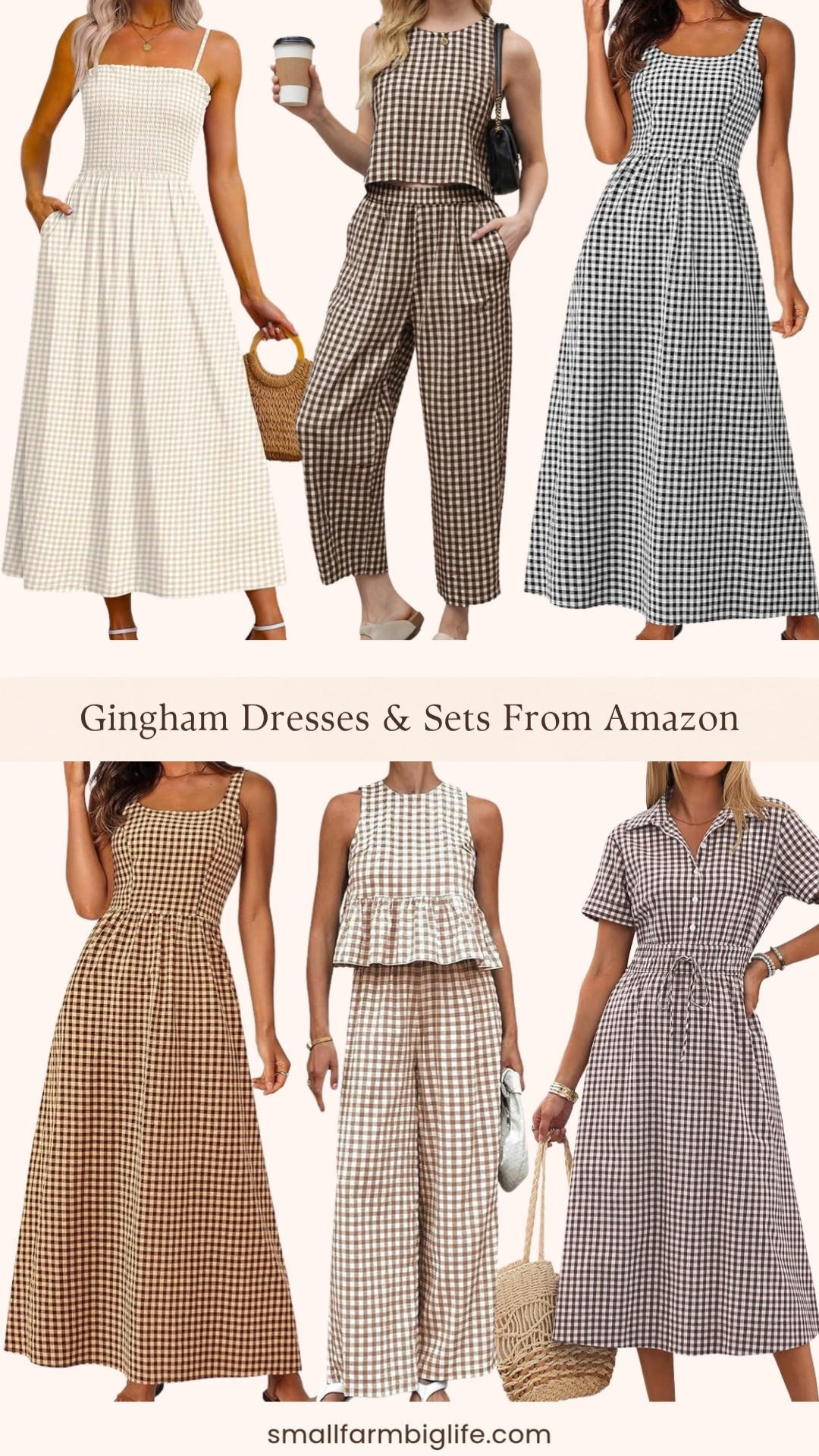 Gingham is having the biggest moment right now and Amazon has the most beautiful dresses and sets at prices you will not believe! From flowy spaghetti strap maxi dresses and smocked boho sundresses to button collar shirt dresses and matching wide leg pant sets, all in the prettiest coffee, brown, khaki, and black gingham prints, these are the effortless and stylish summer pieces perfect for beach vacations, weekend outings, and everything in between. Linking everything below! 

 #LTKootd #LTKSeasonal #LTKOver40