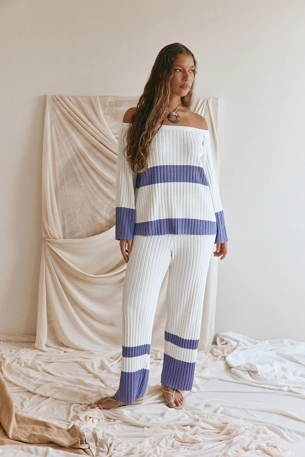 White and Purple Knit Two Tone Off Shoulder Cuba Top | Sabo Skirt US