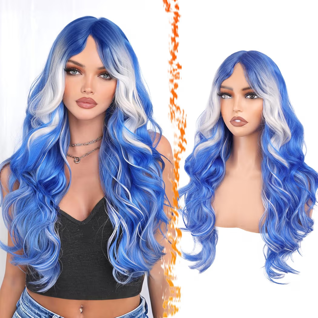 BARSDAR Blue Platinum Blonde Long Wavy Wig with Curtain Bangs – 28 Inch Blue Blonde Ombre Highl... | Amazon (US)
