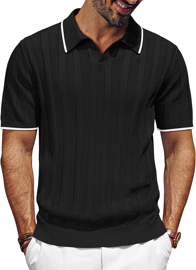 PJ PAUL JONES Mens V Neck Polo Shirt Textured Knit Slim Fit Golf T-Shirts | Amazon (US)
