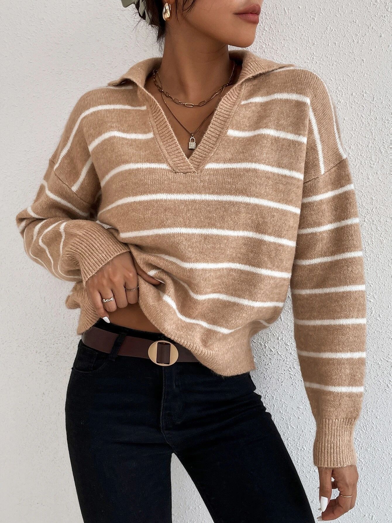 Striped Notched Drop Shoulder Sweater
   SKU: sw2108301831232805      
          (63 Reviews)
   ... | SHEIN
