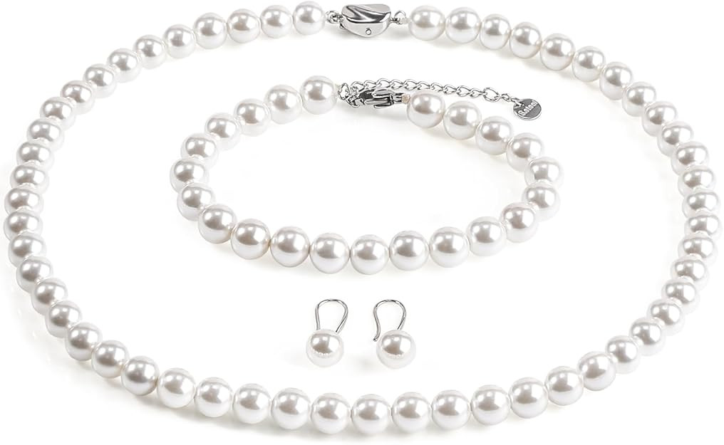 AOOVOO Pearl Necklace Set for Women, 8mm Round Shell Pearl Includes Stunning Bracelet and Dangle ... | Amazon (US)
