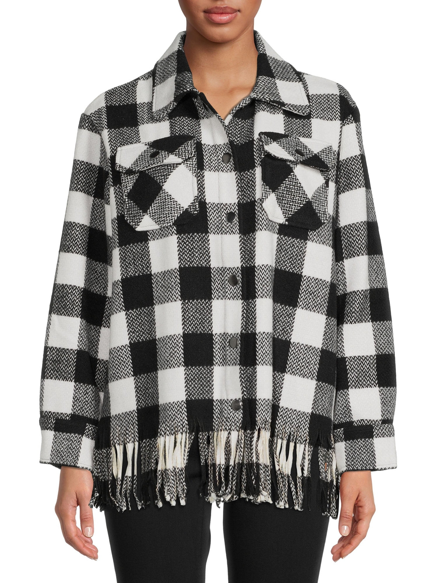 Time and Tru Women's Plaid Fringe Shacket with Snap Front - Walmart.com | Walmart (US)