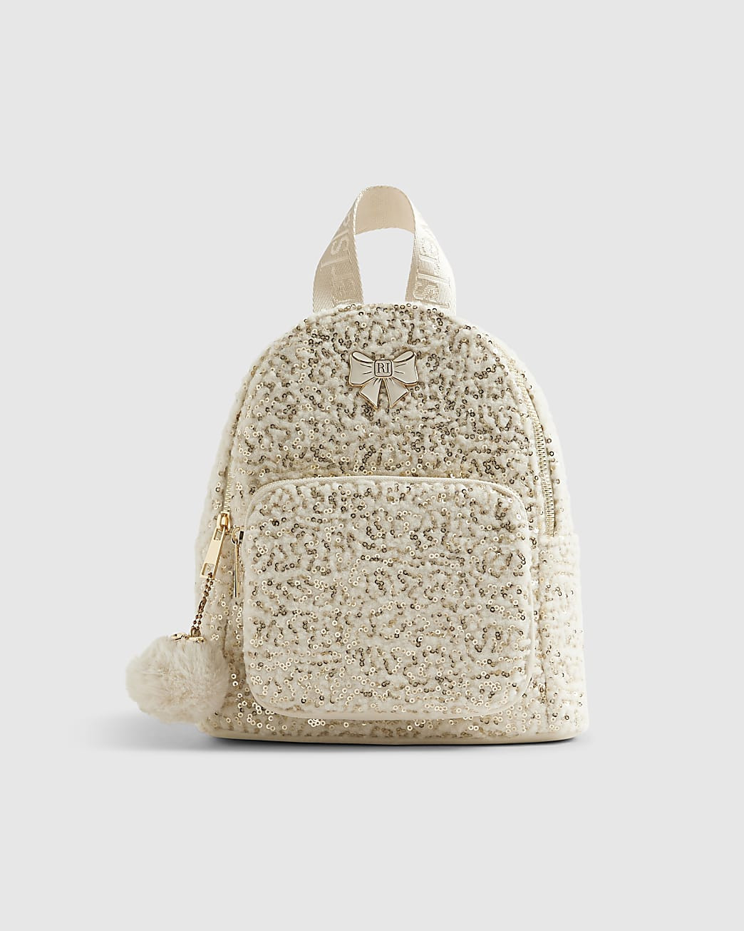 Girls Cream Borg Sequin Backpack | River Island UK & IE