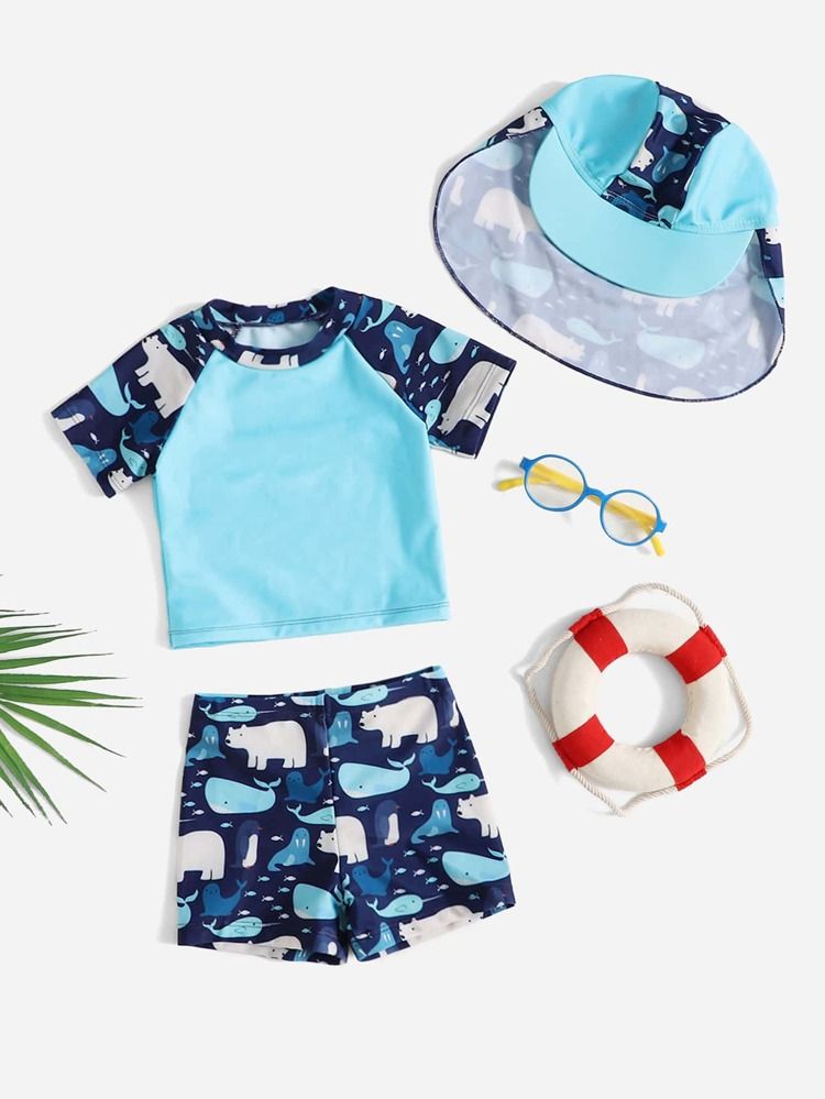 3pack Baby Boy Cartoon Graphic Beach Swimsuit & Cap | SHEIN