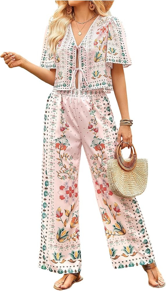 WDIRARA Women's Boho Floral 2 Piece Palazzo Pants Set Short Sleeve Tie Front Blouse Wide Leg Pant... | Amazon (US)