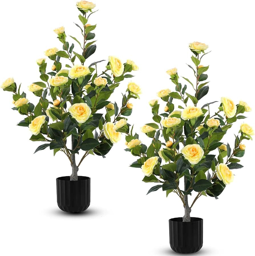 Hananona 2 Pcs Artificial Camellia Trees Faux Camellia Plant in Pot with Flowers Indoor Plants fo... | Amazon (US)