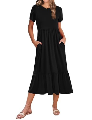 Zeagoo Black T Shirt Midi Dress for Women Summer Casual Tiered Dresses A Line Swing Long Dress with Pockets Short Sleeve Beach Dress Black L | Amazon (US)