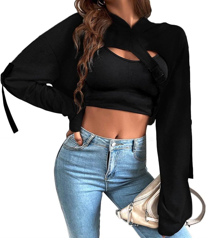 BEJONS Women Long Sleeve Cropped Super Crop Top Hoodies Sweatshirt Aesthetic Punk Hip Hop Dance S... | Amazon (US)