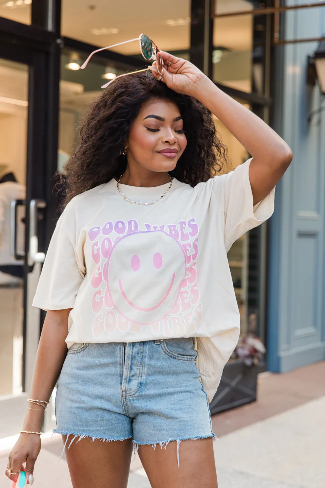Good Vibes Ivory Oversized Graphic Tee | Pink Lily