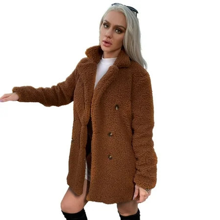 Eilly Bazar Teddy Coat for Women Double Breasted Faux Sherpa Female Coat Coffee Brown XS | Walmart (US)