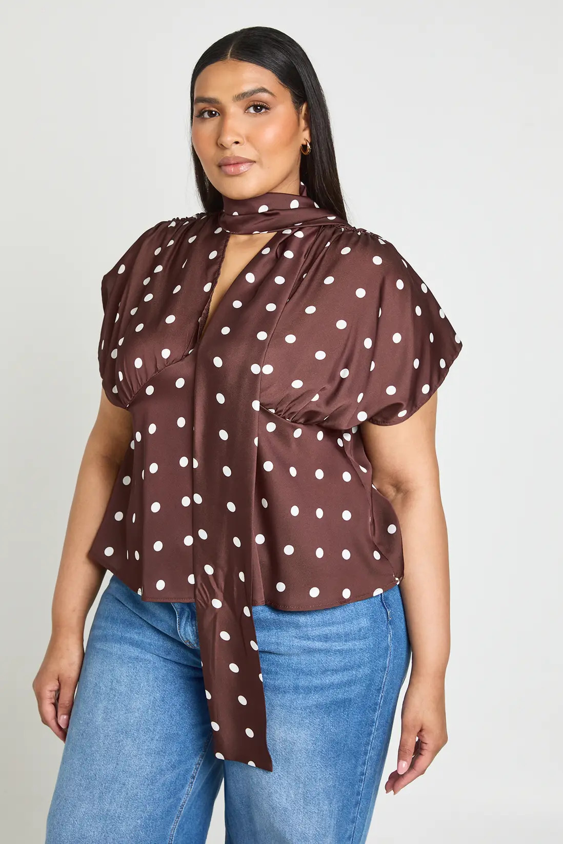 Chocolate boohoo Plus Scarf Detail Polka Dot Satin Top | PrettyLittleThing USA | PrettyLittleThing US