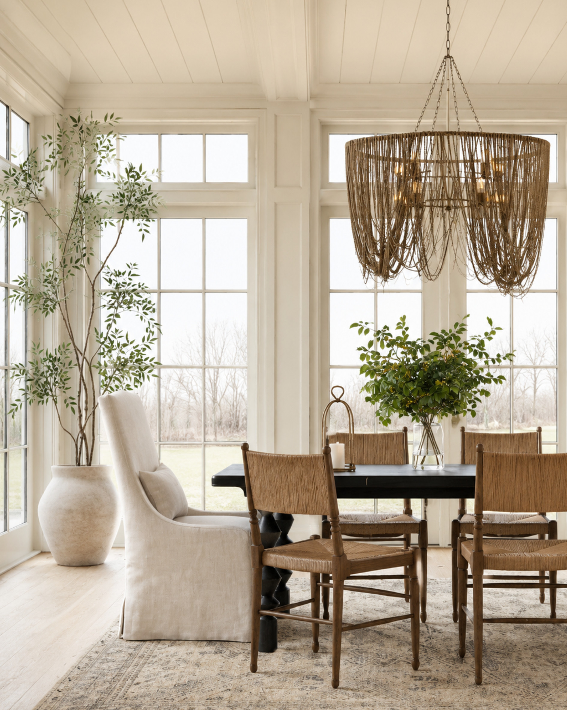 A dining room feels more collected when there’s contrast in the mix.

Here, the black table grounds the space, the woven dining chairs bring warmth and texture, the slipcovered host chair softens everything, and the oversized woven chandelier gives the room that high-end layered look without feeling too formal.

The key is mixing materials that balance each other: dark wood, natural cane, linen, aged brass, greenery, and a vintage-inspired rug. It makes the room feel styled, but still comfortable enough for everyday meals.

Linked the pieces to help recreate this look, from the woven chairs to the statement chandelier and similar rugs.

This post contains affiliate links and I may earn a small commission from purchases at no additional cost to you. 

 #LTKHome