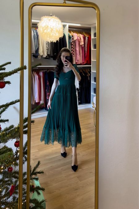 Dazzle at Christmas dinner in an elegant Self Portrait Green Chiffon Lace Detail Midi Dress. The intricate lace and midi length exude refinement, making it the perfect formal Christmas outfit. Elevate the look with a tiara, adding a touch of old money charm to your outfit (if you are an old money, of course). Gianvito Rossi Blue Satin Pumps gracefully complete the outfit, infusing a hint of winter allure. This Christmas outfit defines classy winter outfits and Christmas elegant outfits. Make a statement at Christmas dinner with a sophisticated blend of style and festive grace. #christmasdress #partydress #christmasoutfit #christmasdinner #LTKGIFT

#LTKSeasonal #LTKparties #LTKHoliday